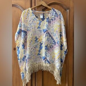 Chicos Linen Poncho Top Women L/XL Fringe Thin Lightweight Pullover